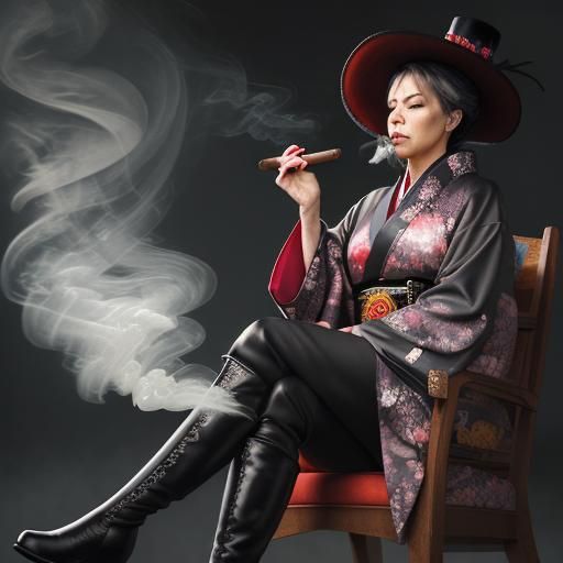 CEO in Kimono Smoking Cigar in Hyperrealistic Style