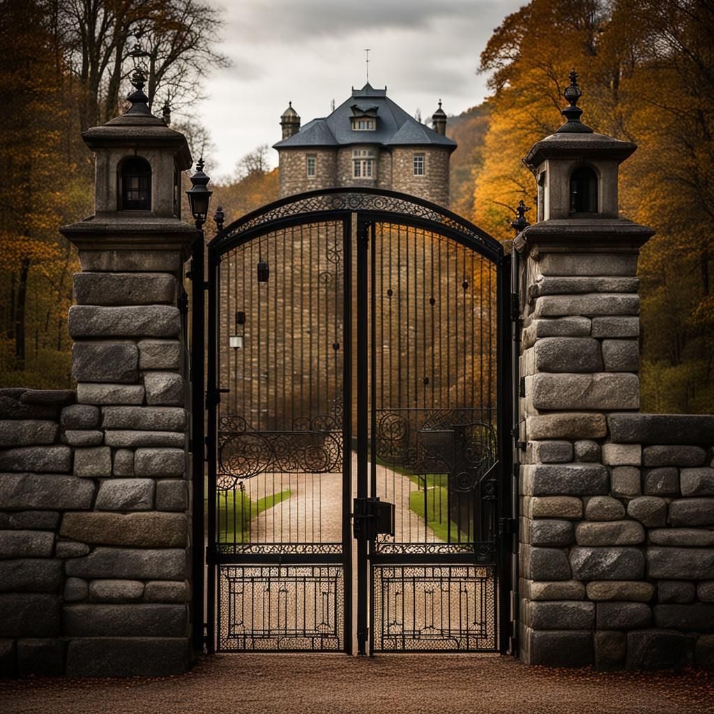 European Mansion Entrance with Robotic Guards