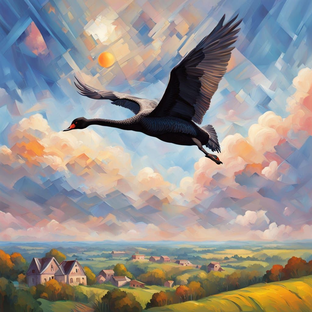Black Swan Soars in Vibrant Neo-Impressionist Sky