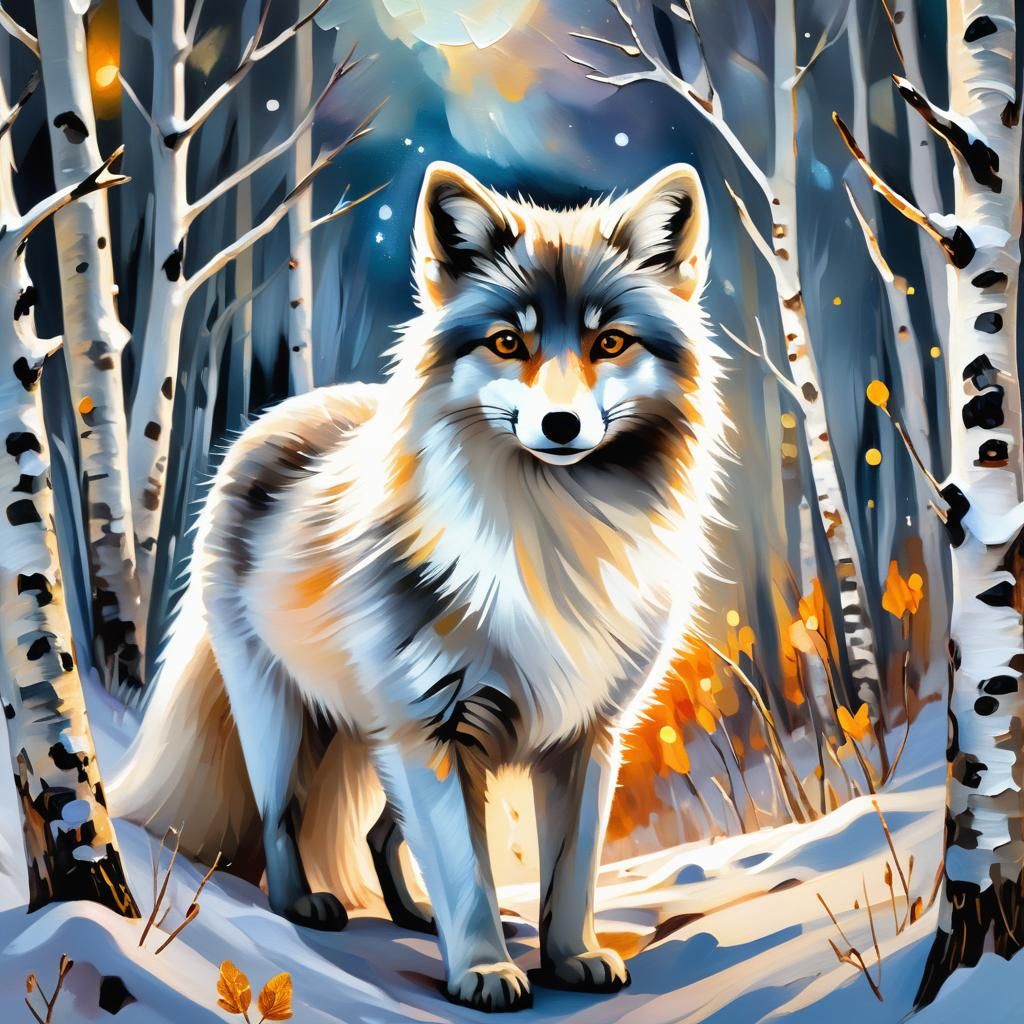 Arctic Fox in Snowy Birch Forest, Expressionist Oil Painting