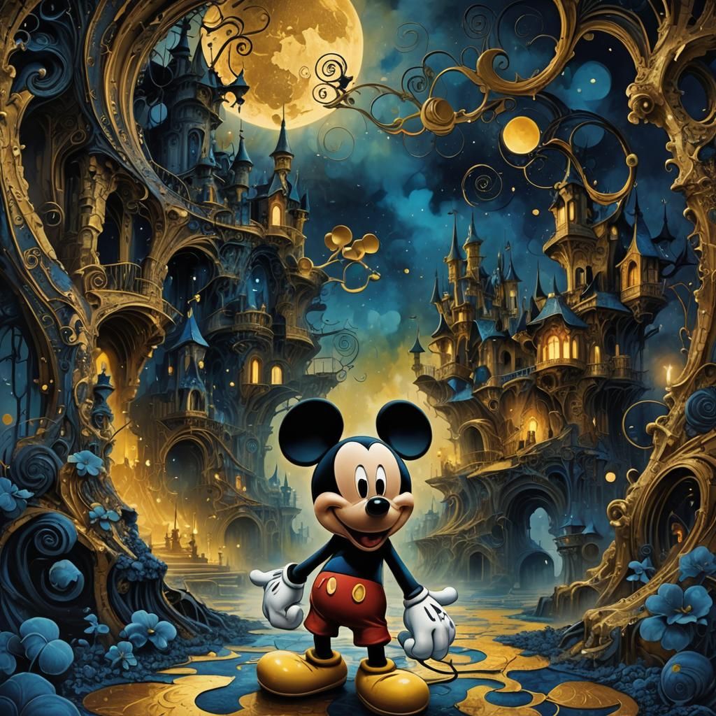 A stylized Mickey Mouse character sits in a haunting, dark, atmospheric environment.