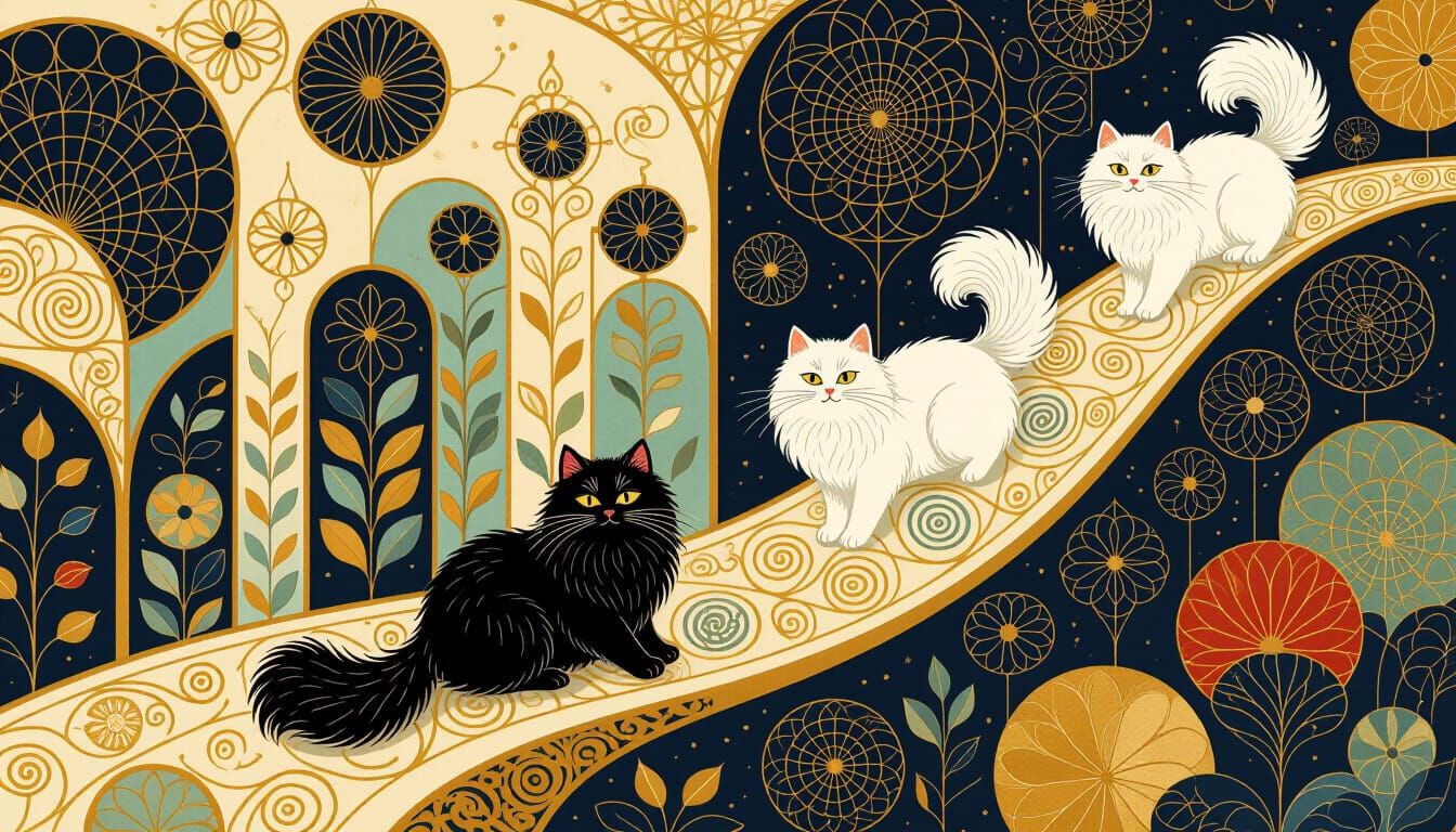 Art Nouveau Cats on Geometric Path