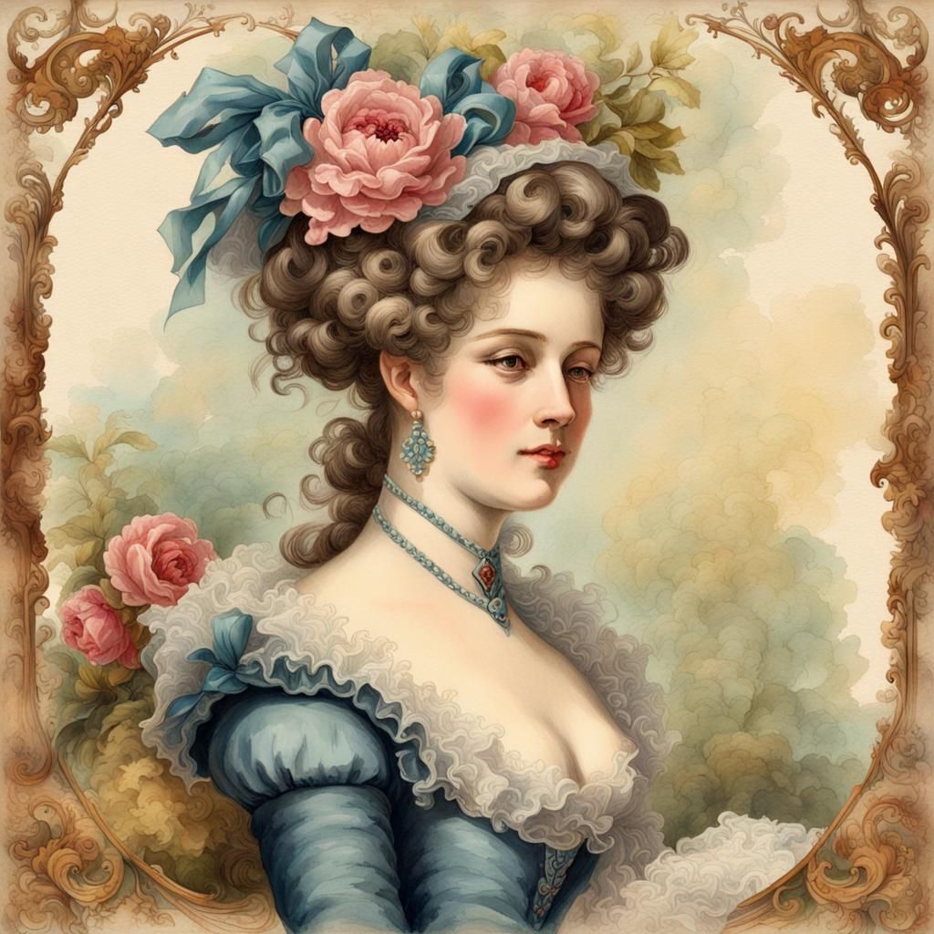 Rococo Lady on Vintage Paper with Watercolor Filter