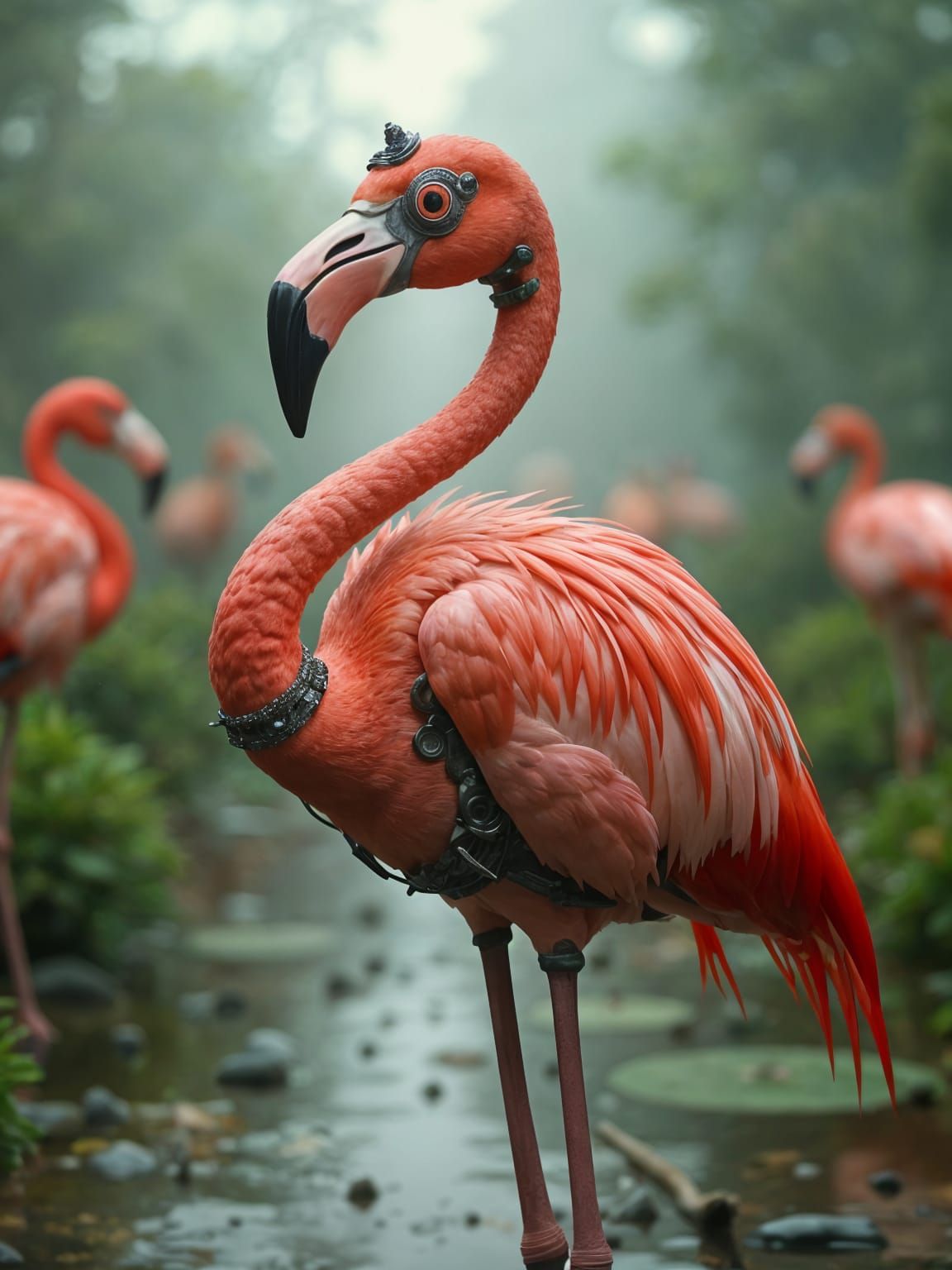 Cyborg flamingo blending in