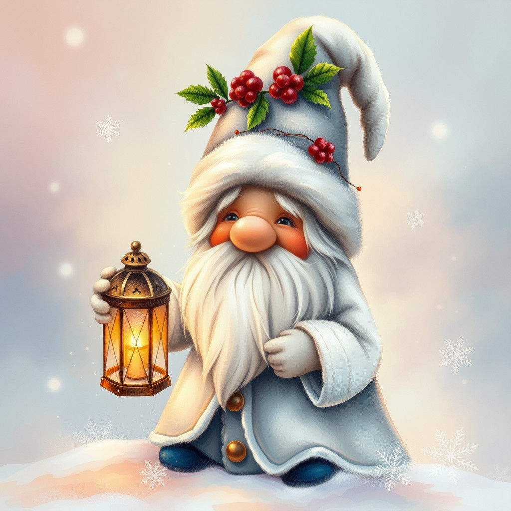 Christmas Gnome with Lantern in Watercolor Style