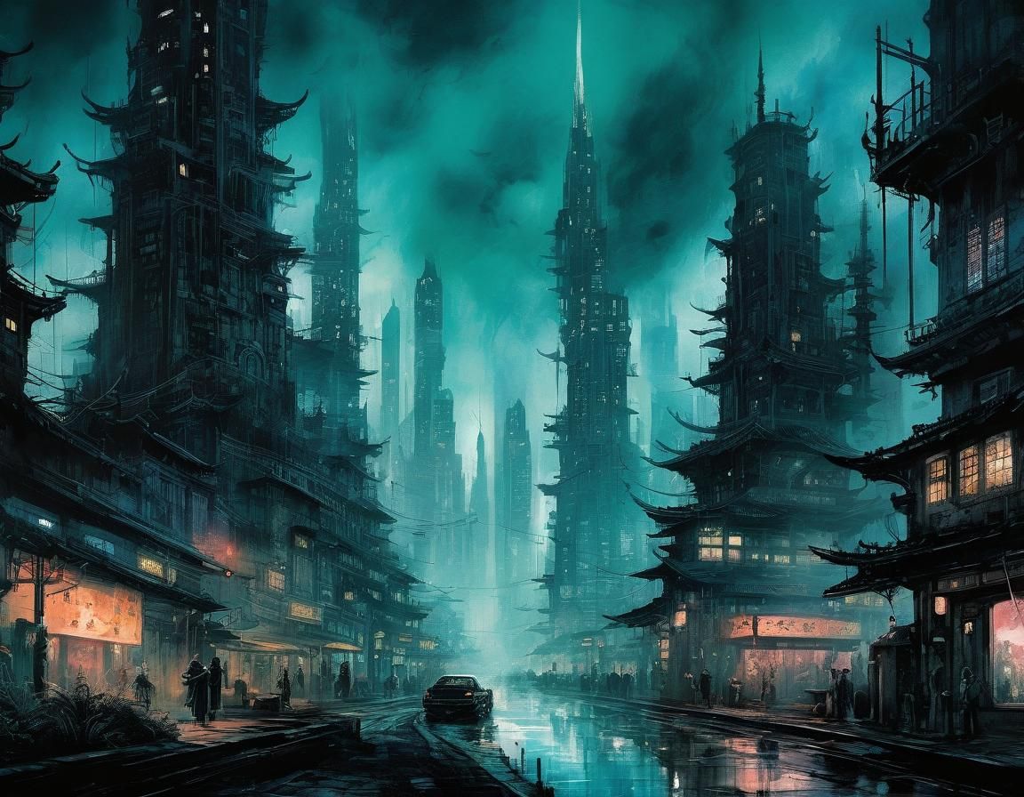 Dreamlike Cityscape: Watercolor Comic in Dark Fantasy Style