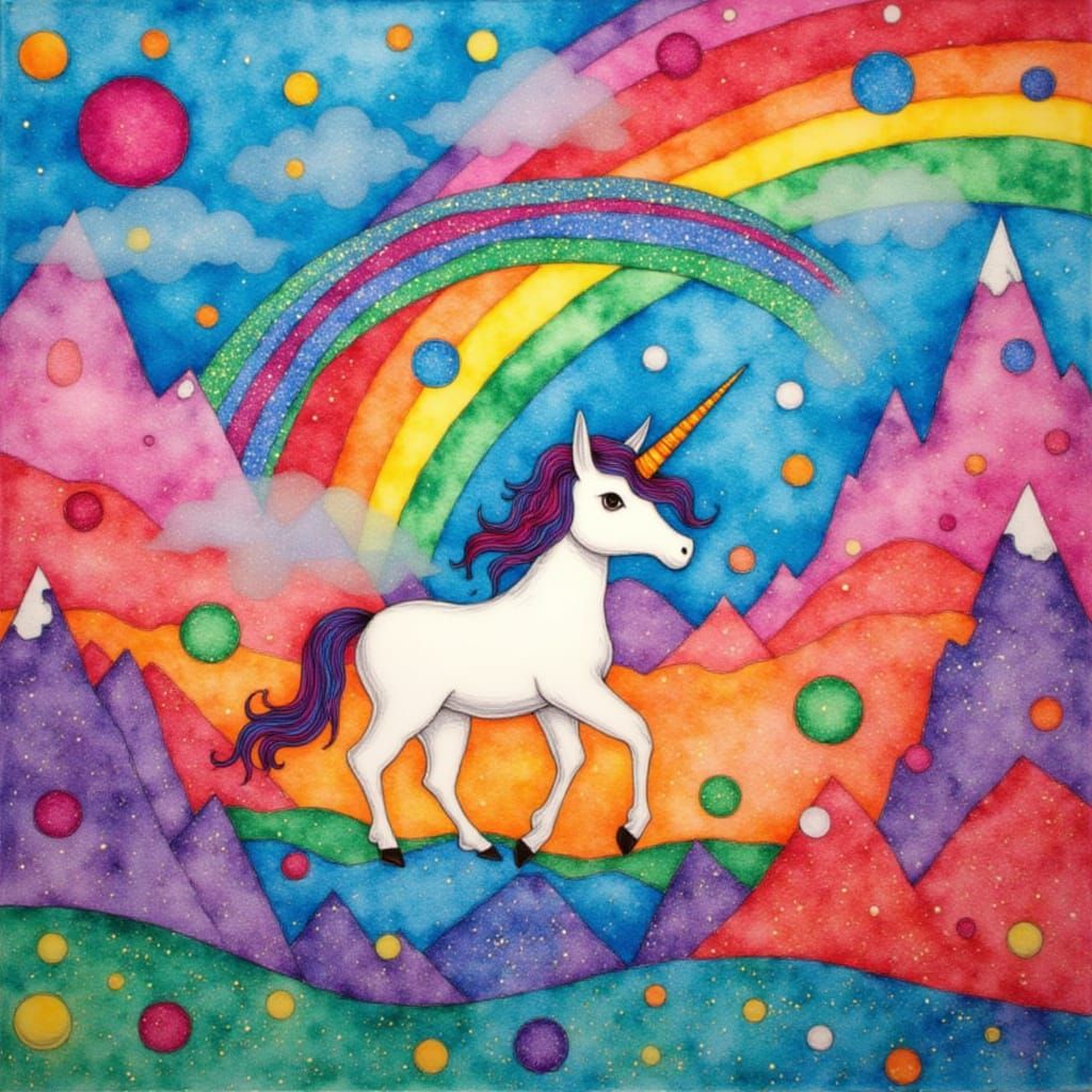 Child's Drawing of Abstract World with Unicorn