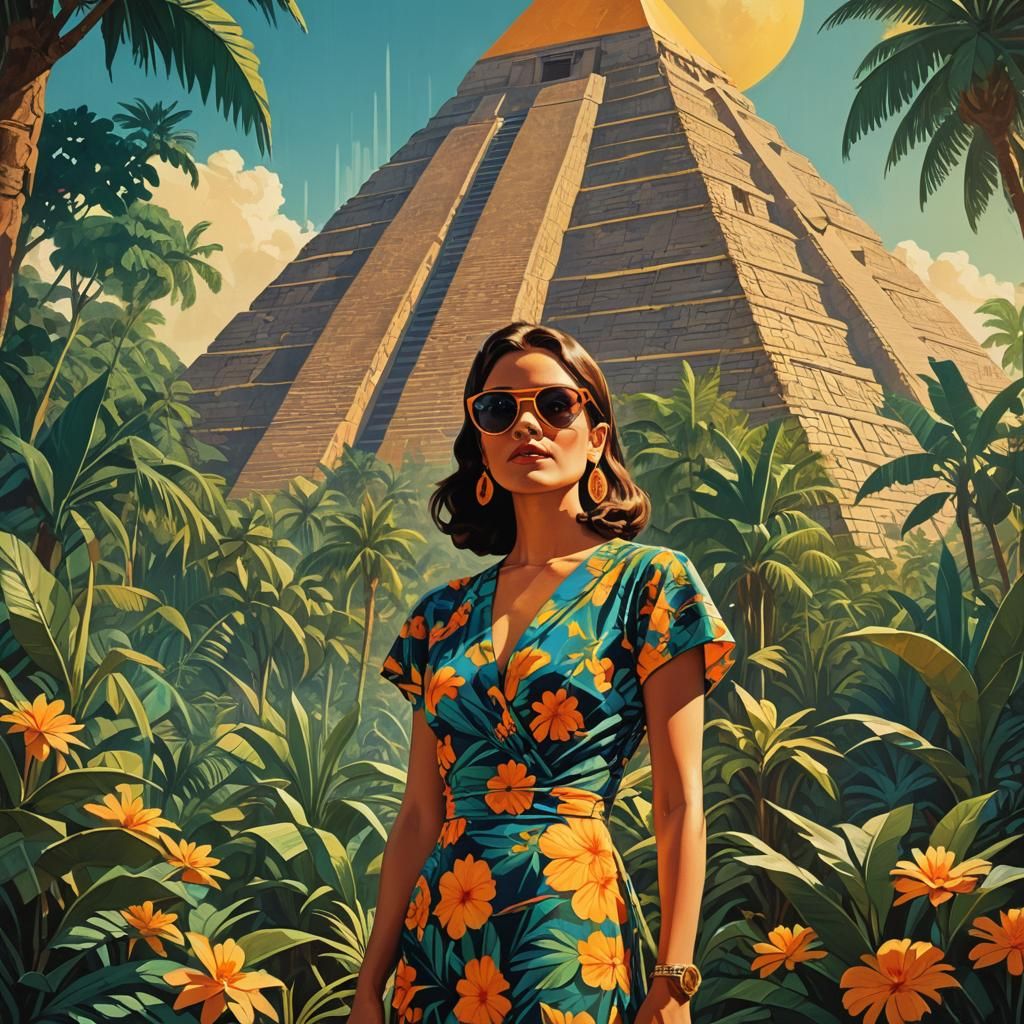 Retro-Futuristic Mexican Travel Poster in Art Deco Style