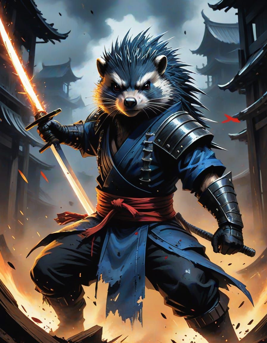 Anthropomorphic Porcupine Ninja in Shattered Ruins