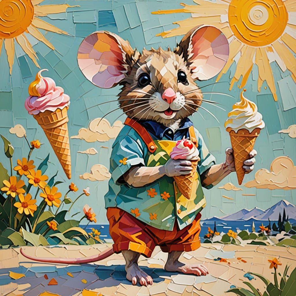 Whimsical Mouse Enjoying Colorful Ice Cream on a Sunny Day