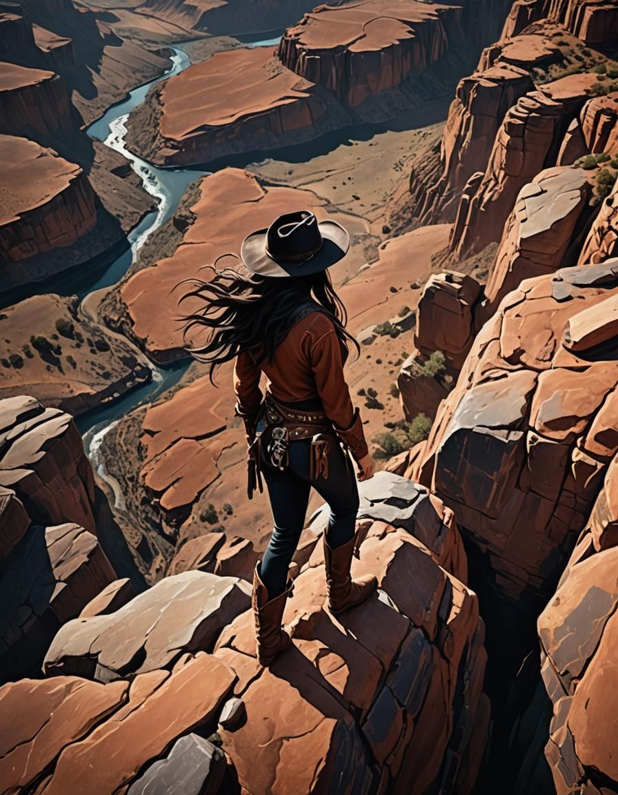 Elegant Western Heroine Stands at the Edge of the Cliff