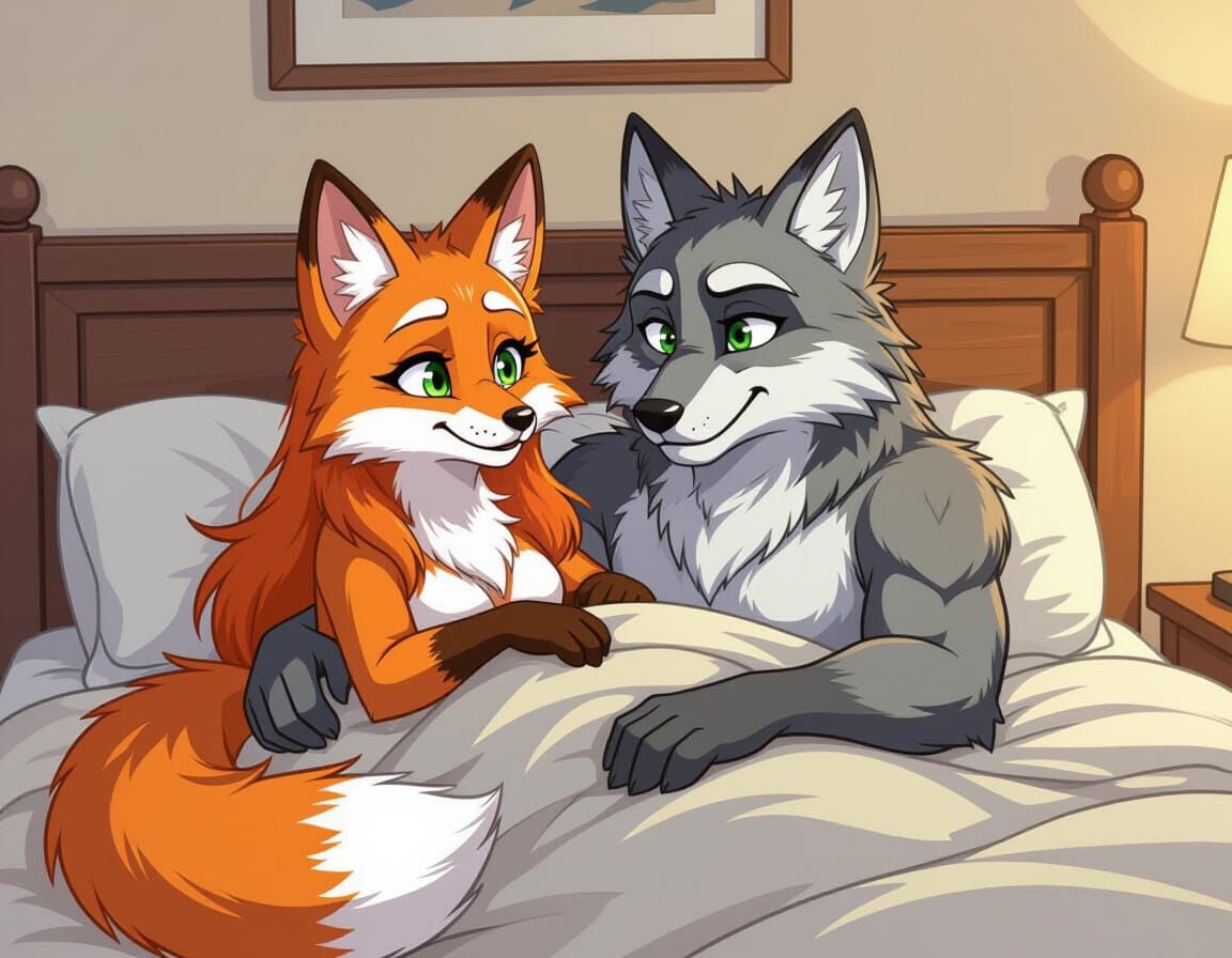 Cartoon Style Anthro Fox Girl and Wolf Illustration