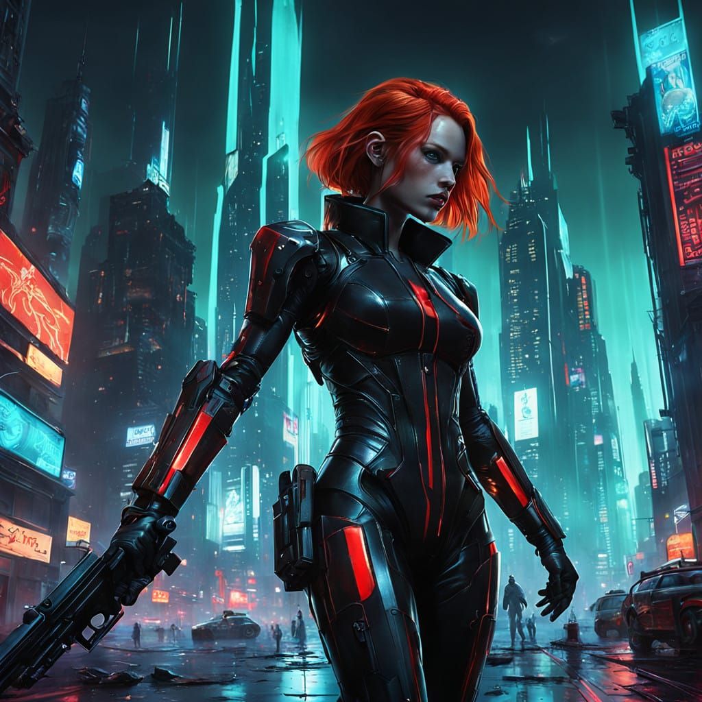 Cyberpunk Gynoid Warrior in Neon-Lit Cityscape