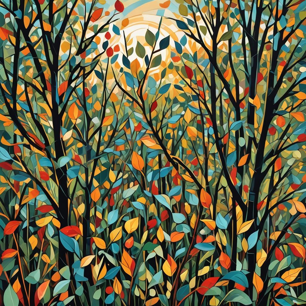 Cubist Cornfield Scene in Geometric Fauvism Style