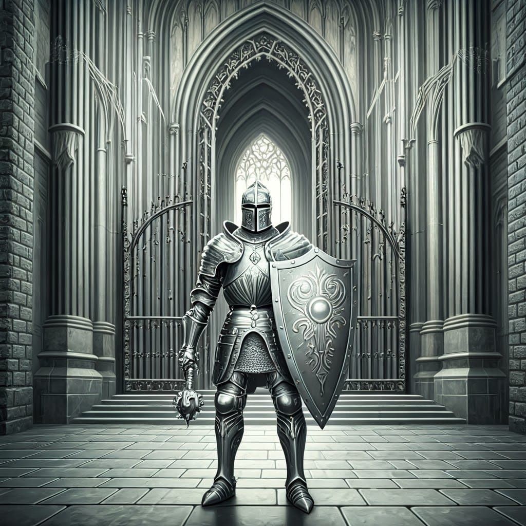 Silver Knight Guardian: Monochromatic Impressionist Painting
