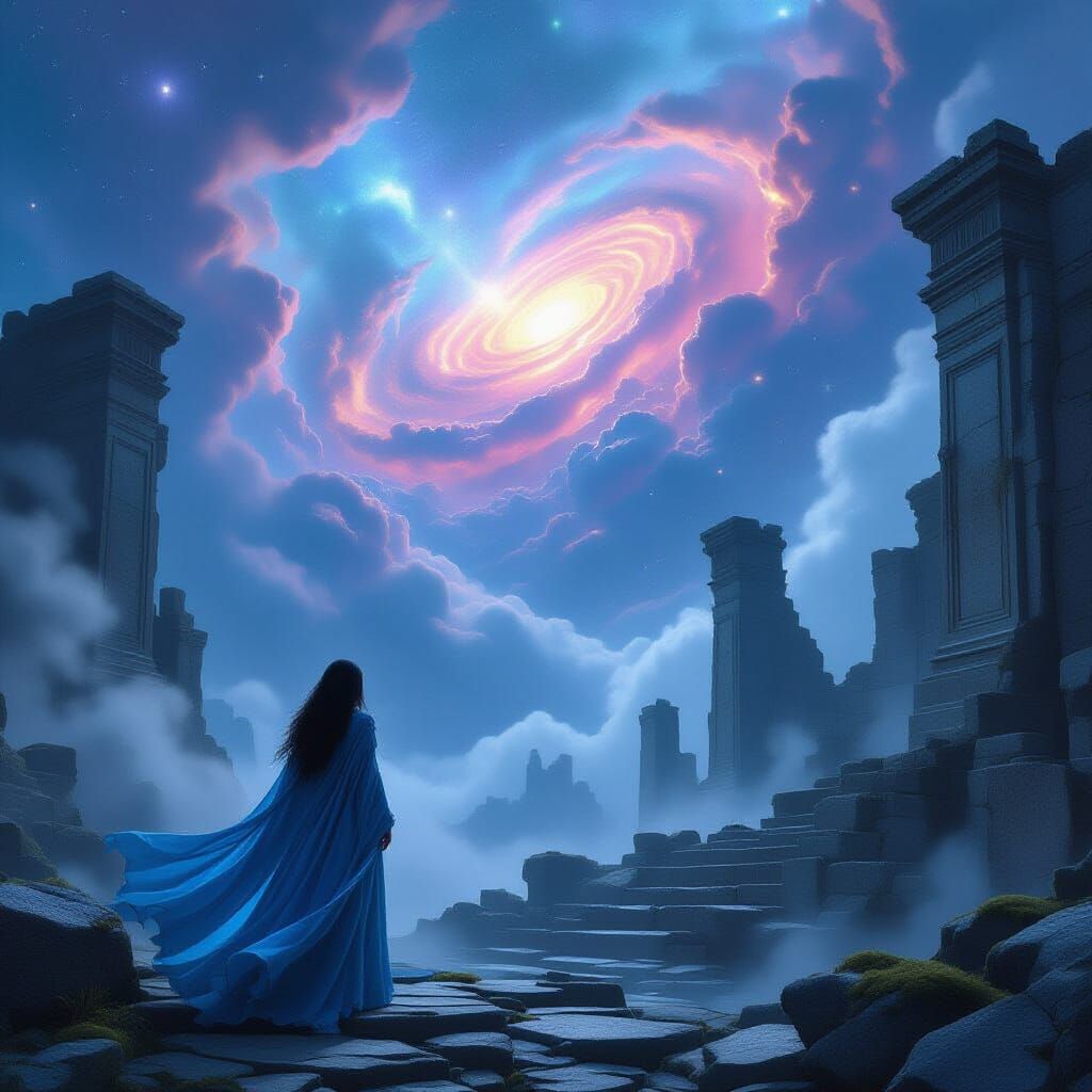 Sorceress on Atlantean Ruins Gazing at Vibrant Nebula