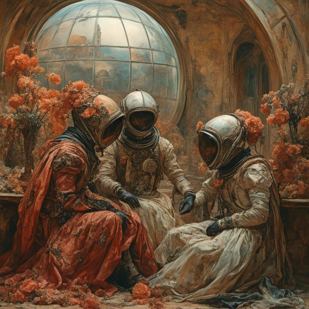 Masquerade Spacesuits Tend Flowers on Mars