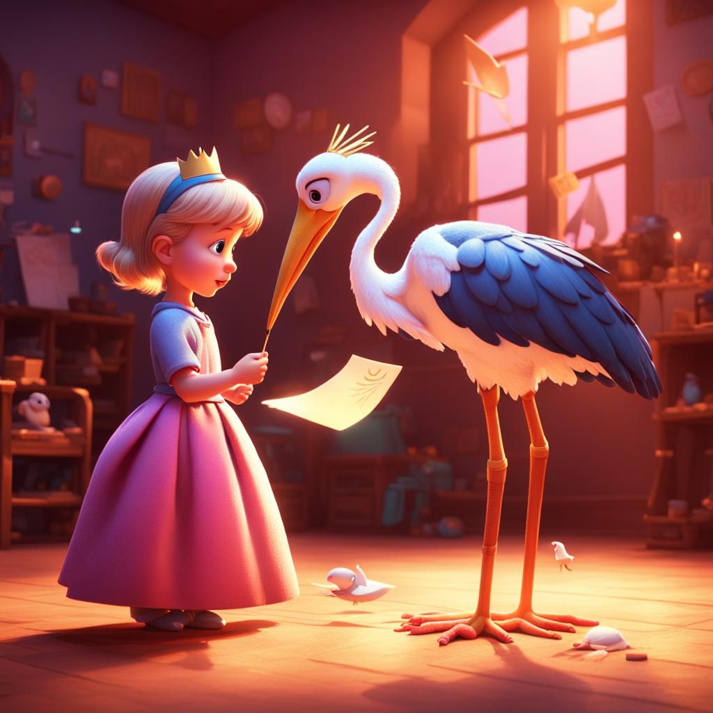 Toddler Princess and Stork: 3D Digital Art