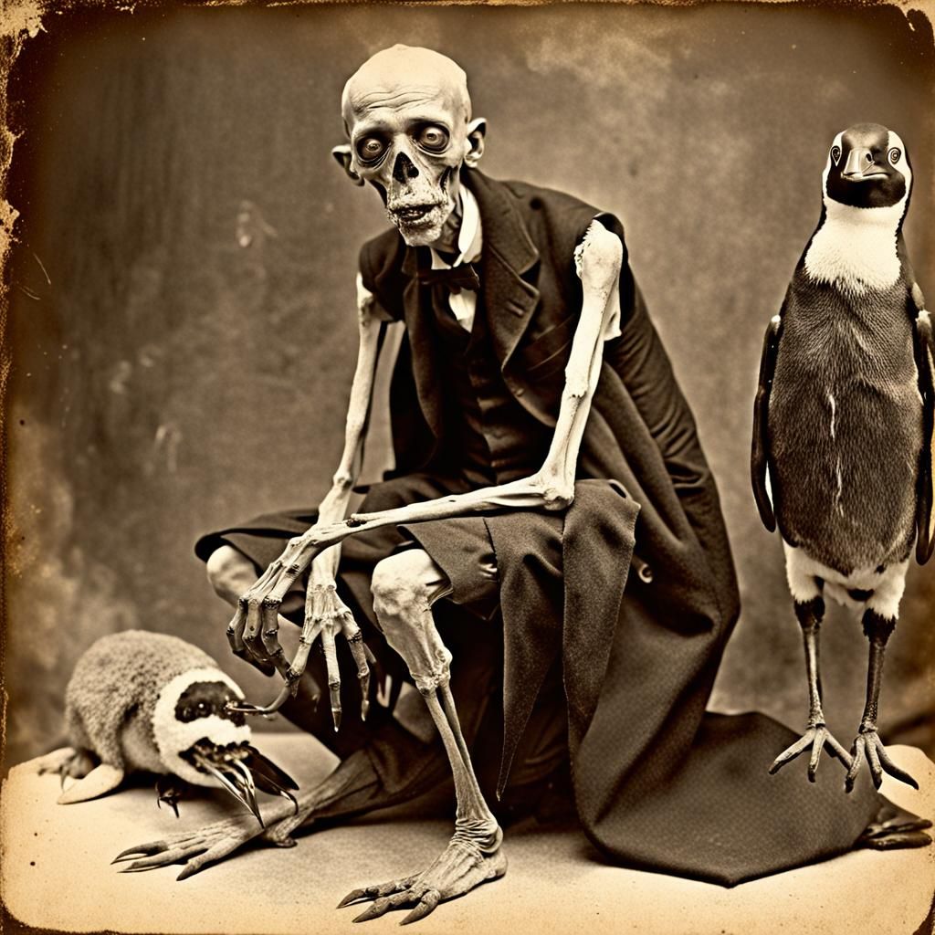 Lovecraftian Ghoul with Penguin: Vintage Horror Photograph