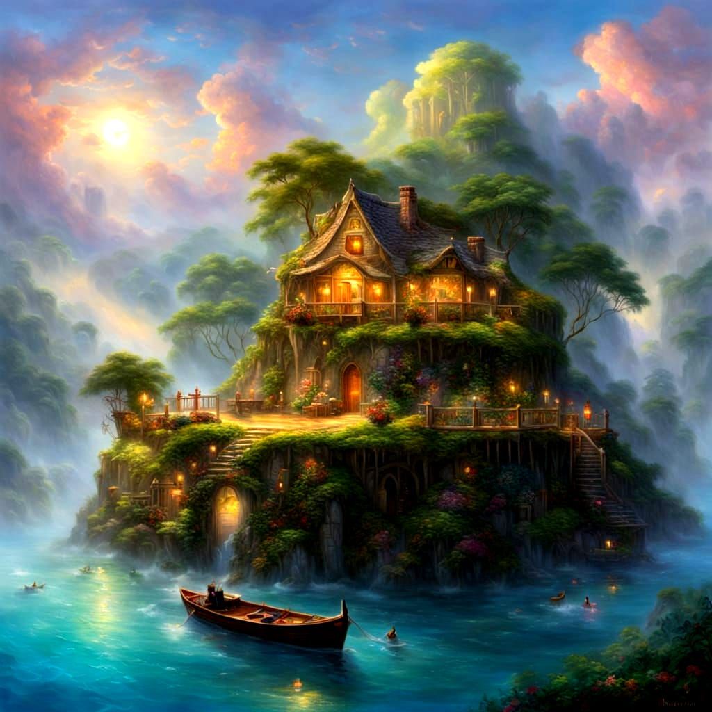 Tropical Floating Island Bar in Ethereal Mist