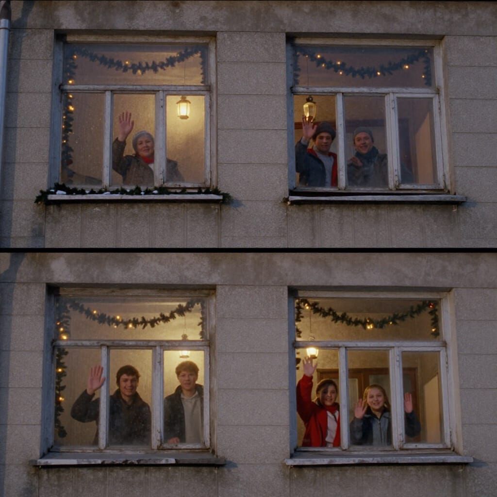 Soviet Panel House Christmas Windows in 1984 Film Style