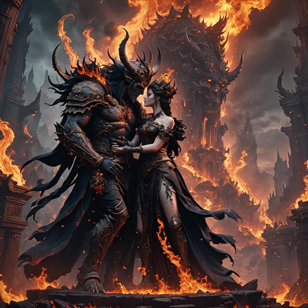 Hades and Kore: Romantic Kiss in Hellfire