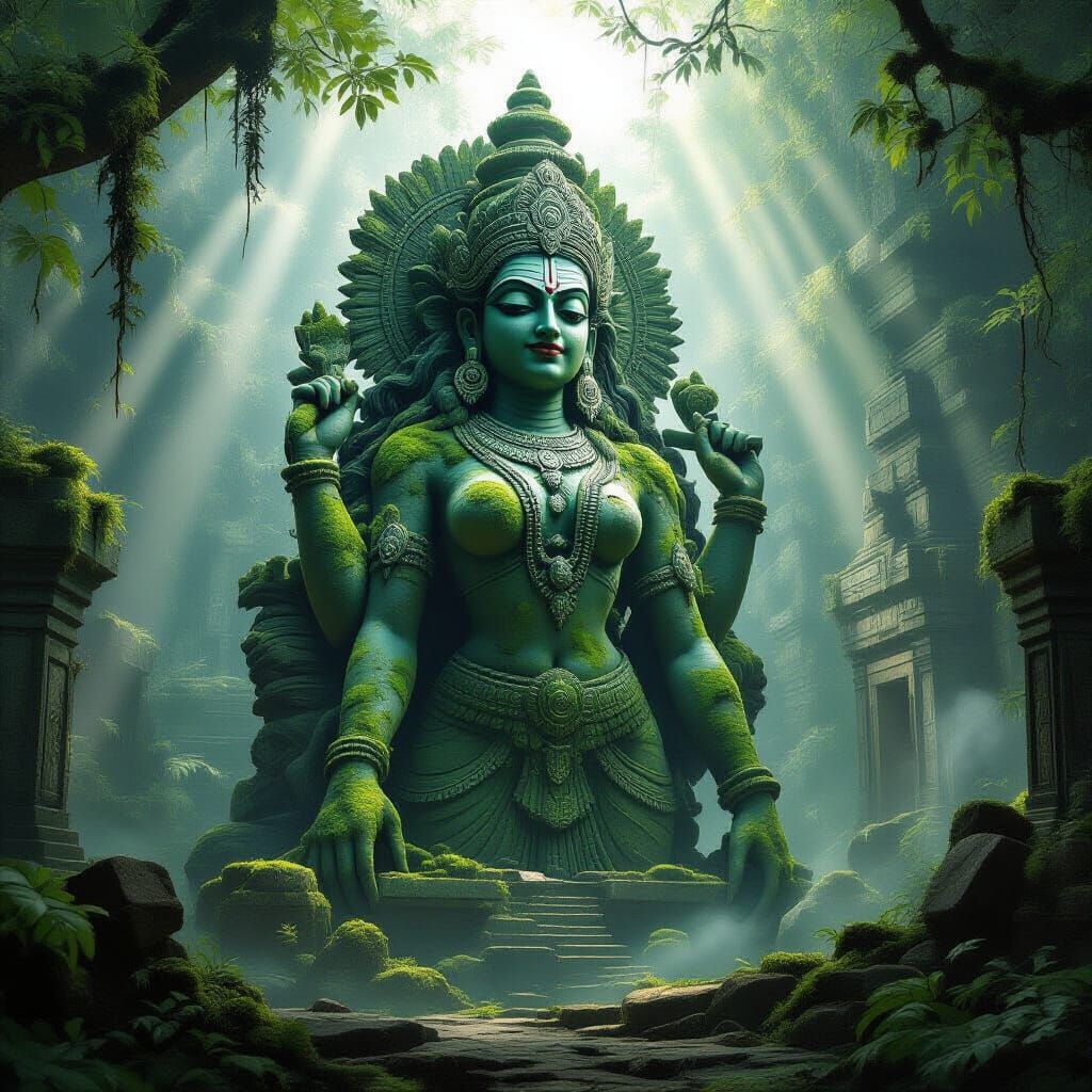 Ancient Goddess Kali Guarding Overgrown Temple in Misty Jung...