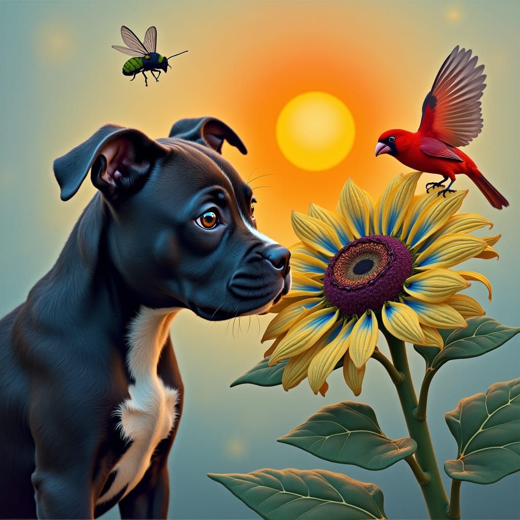 Pitbull Puppy Sniffs Surreal Sunflower in Dreamlike Setting