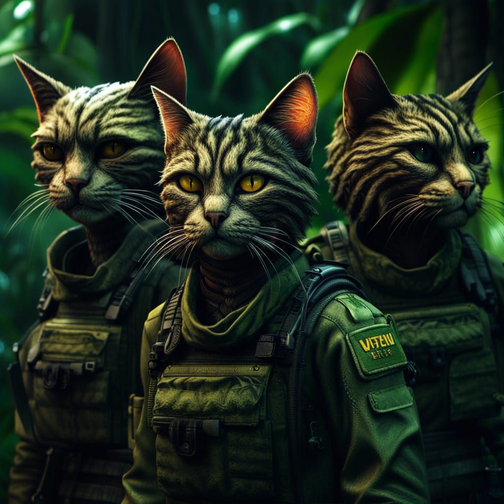 Hyperrealistic Cat Soldiers in Alien Jungle