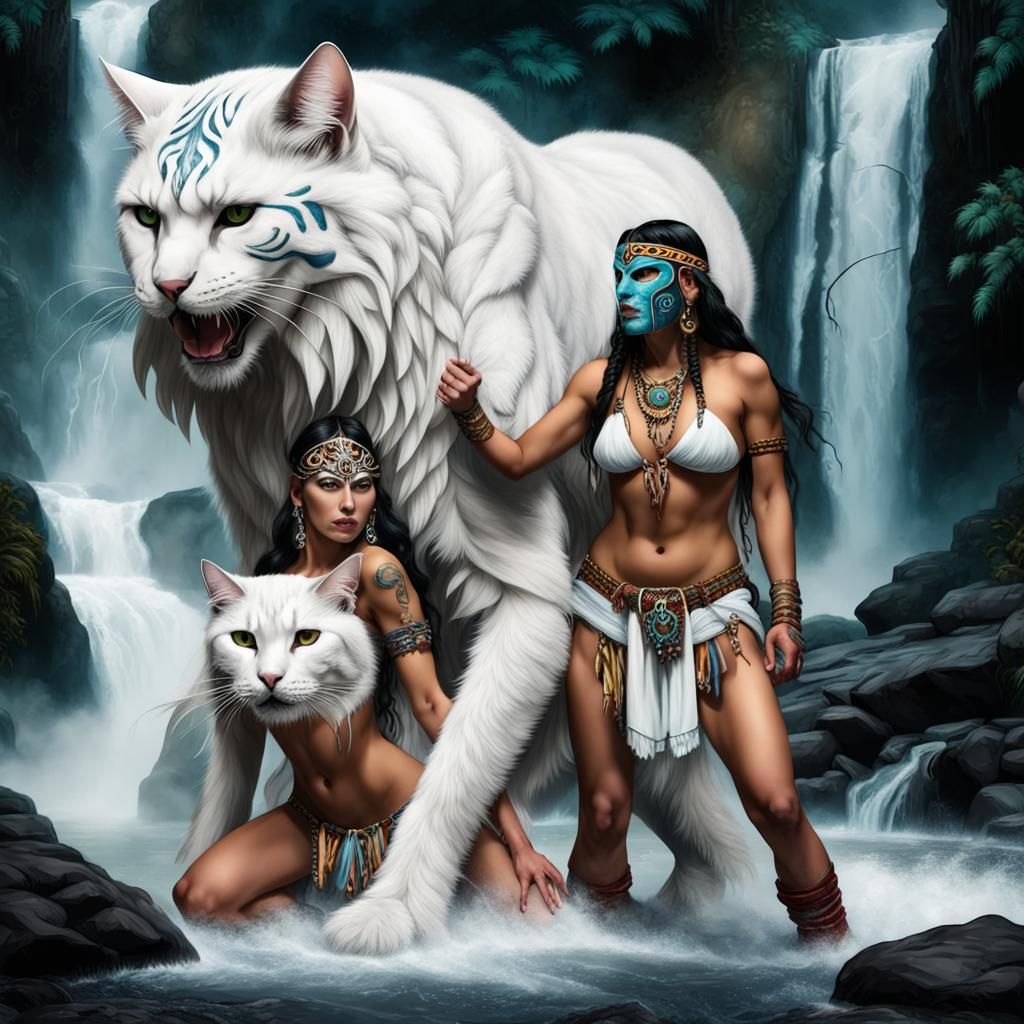 Shaman and White Cat Battle Shadow in Waterfalls