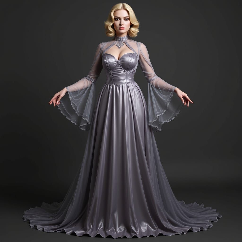 A blond, person, wearing a lavish, long, shiny organza gown ...
