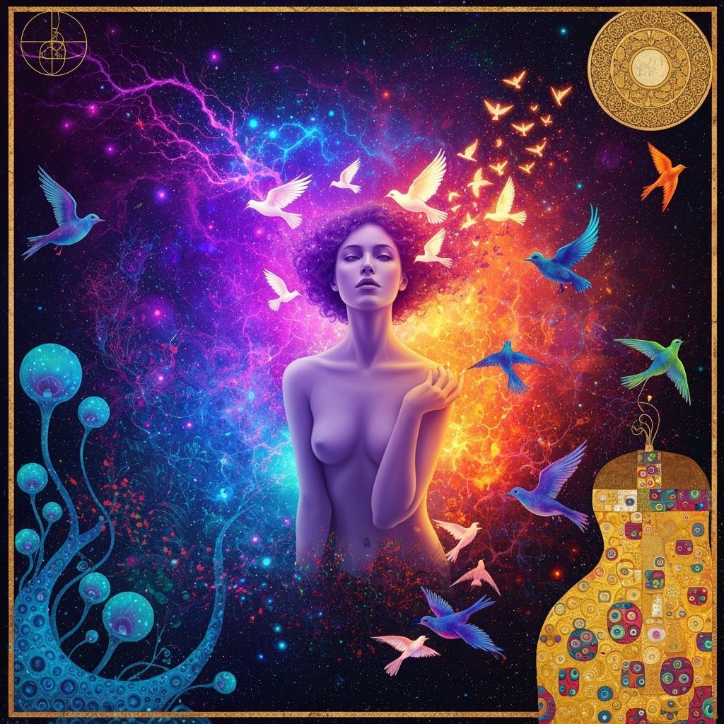 Ethereal Woman with Cosmic Birds in Surreal Style