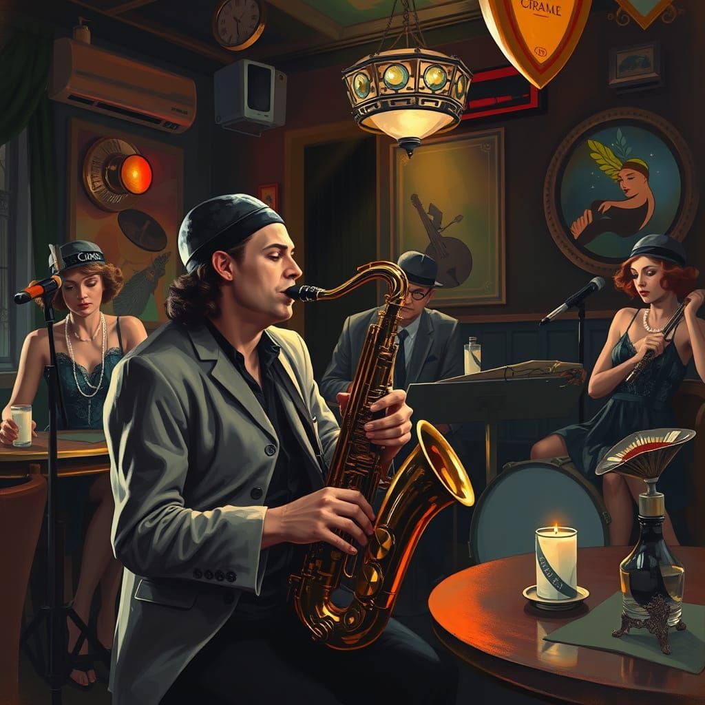 Jazz Saxophonist in 1920s Cafe, Vibrant Art