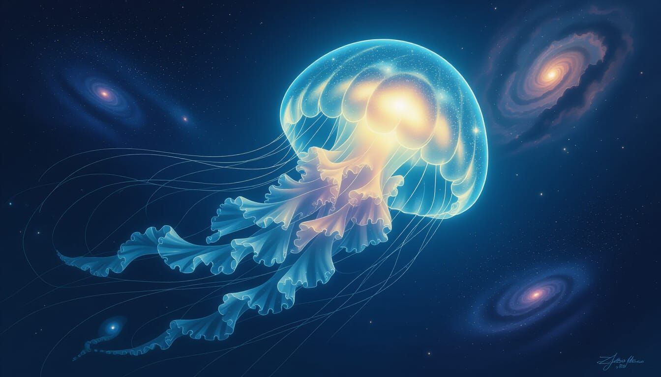 Bioluminescent Jellyfish Drifting Through the Cosmos