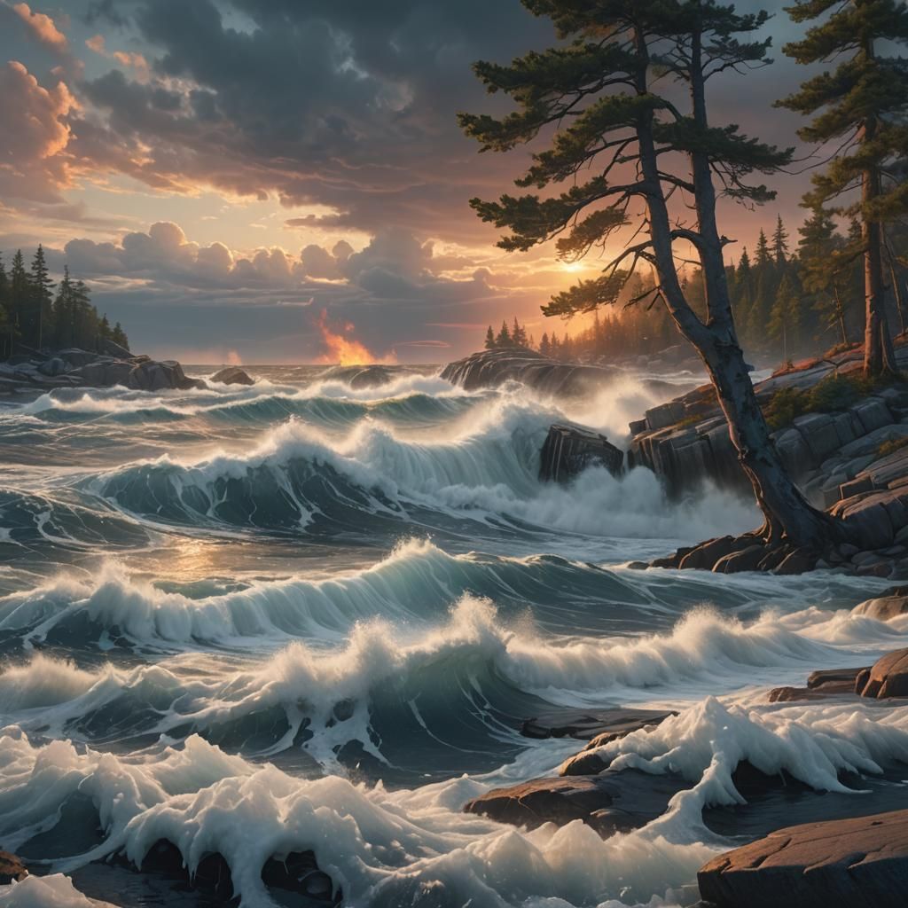 Stormy Sunset Over Georgian Bay in Matte Painting Style