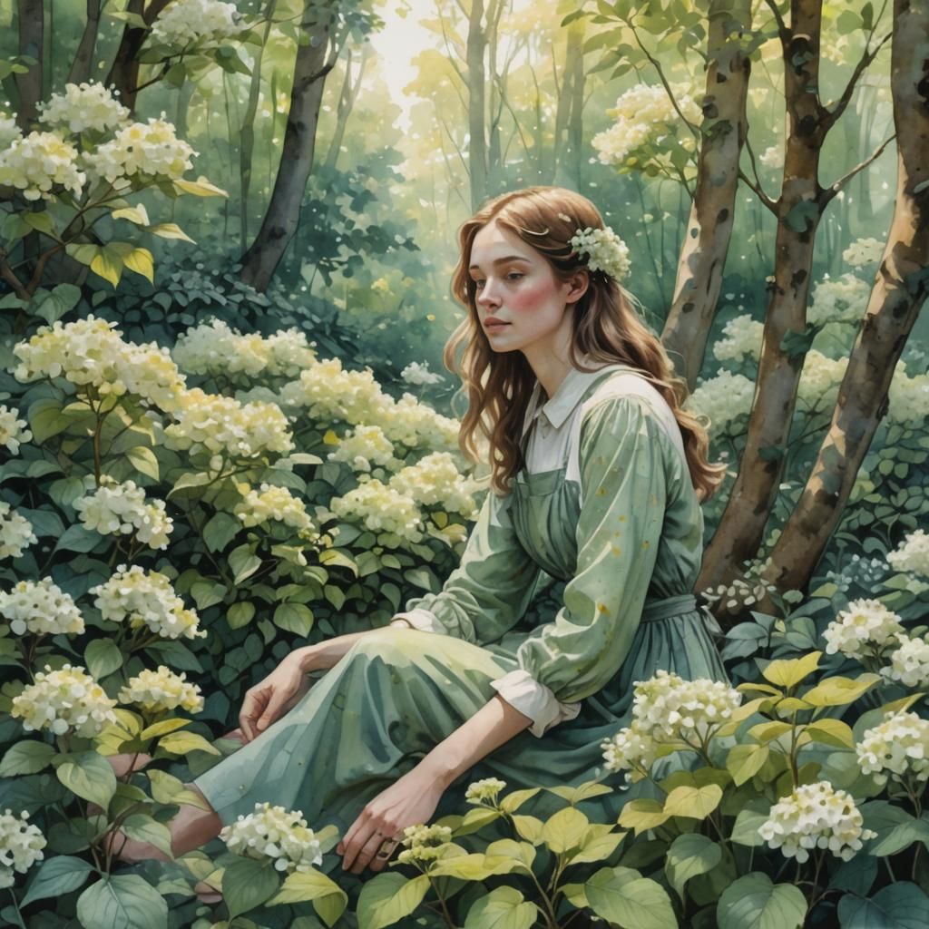 Girl in Flower Garden: Watercolor Line Drawing