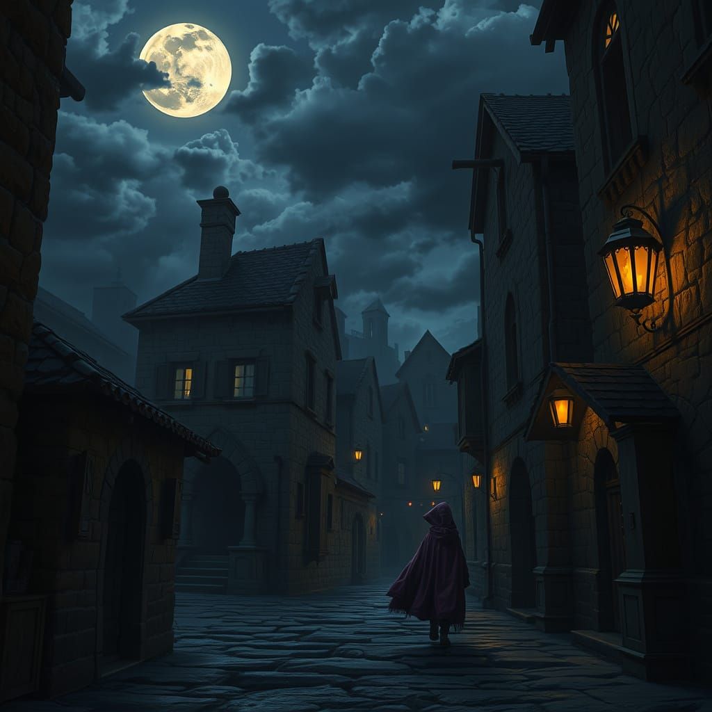 Vampire Lurks in Medieval City at Dusk