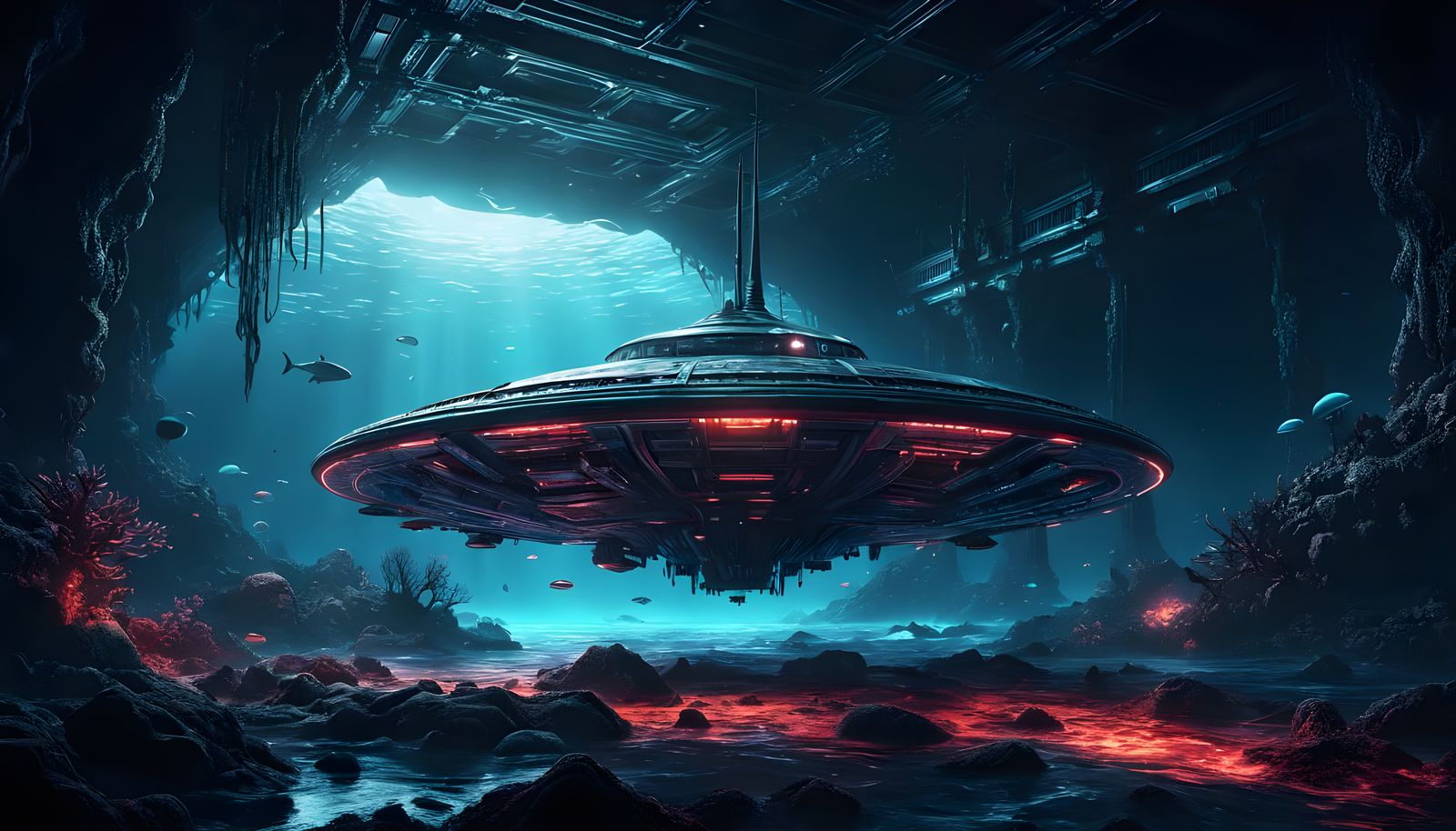 Wrecked UFO on Ocean Floor at Night