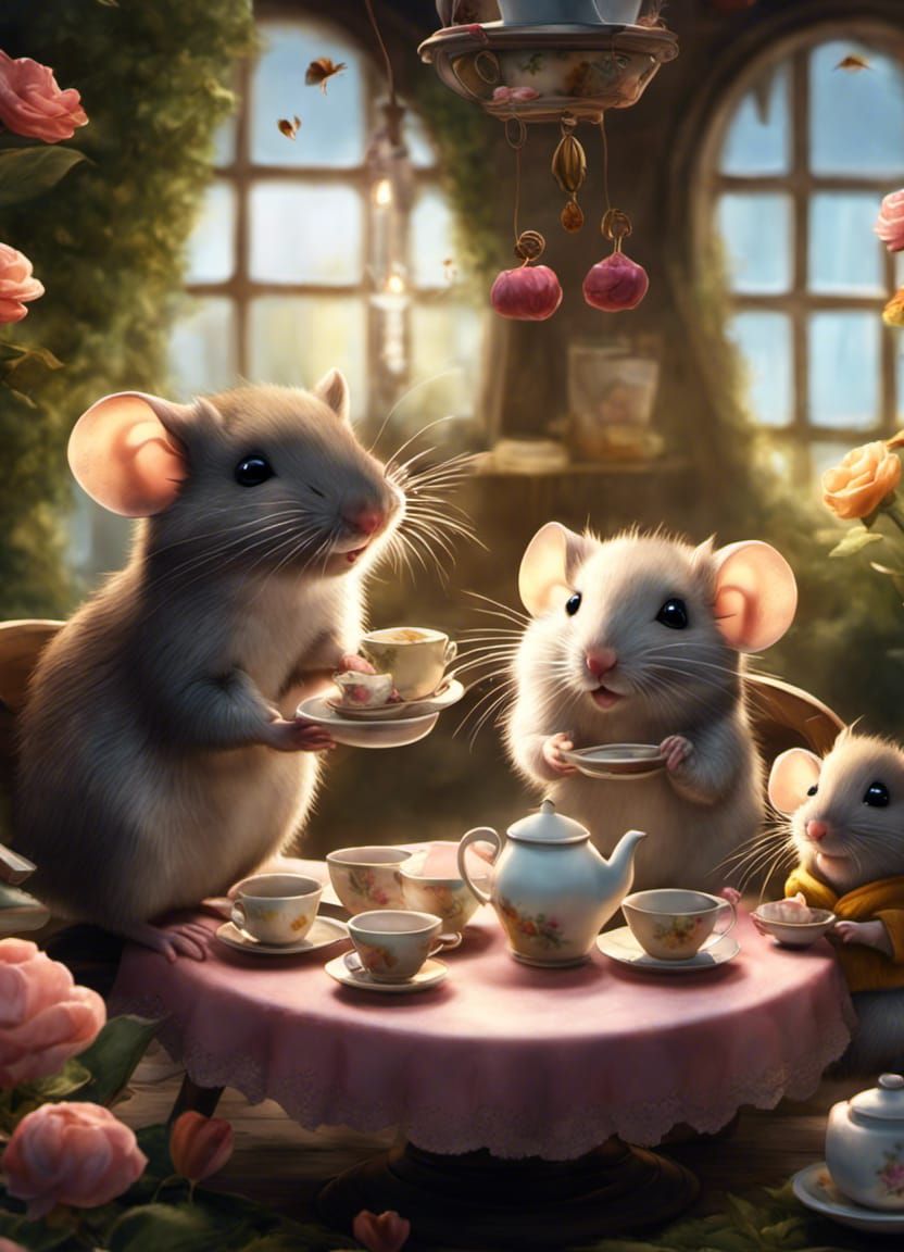 Mice Tea Party in Anime Cartoon Style