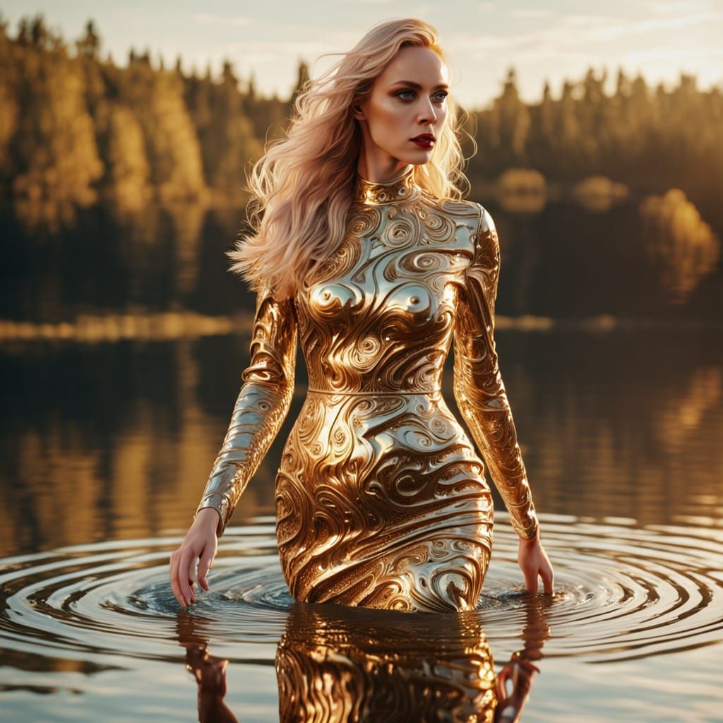 Woman in Latex Dress at Lake: Hyperrealistic Fashion Photo