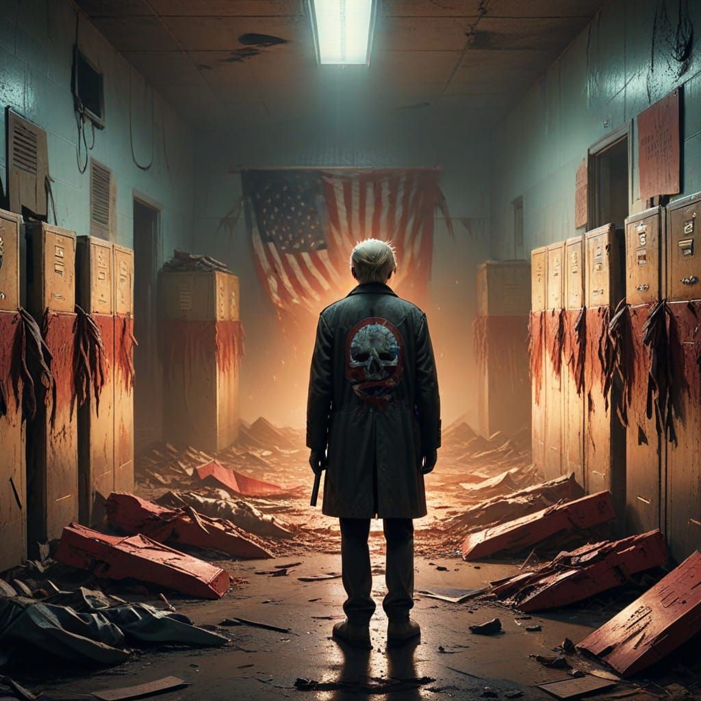 Hyper-Realistic Satirical American Flag Coffin in Abandoned....