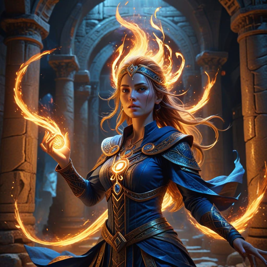 Sorceress in Mystic Temple Conjure Flames and Plasma