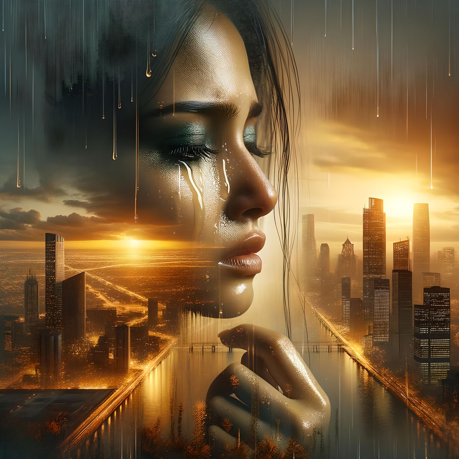 Crying Woman Double Exposure with City Sunset in 8K