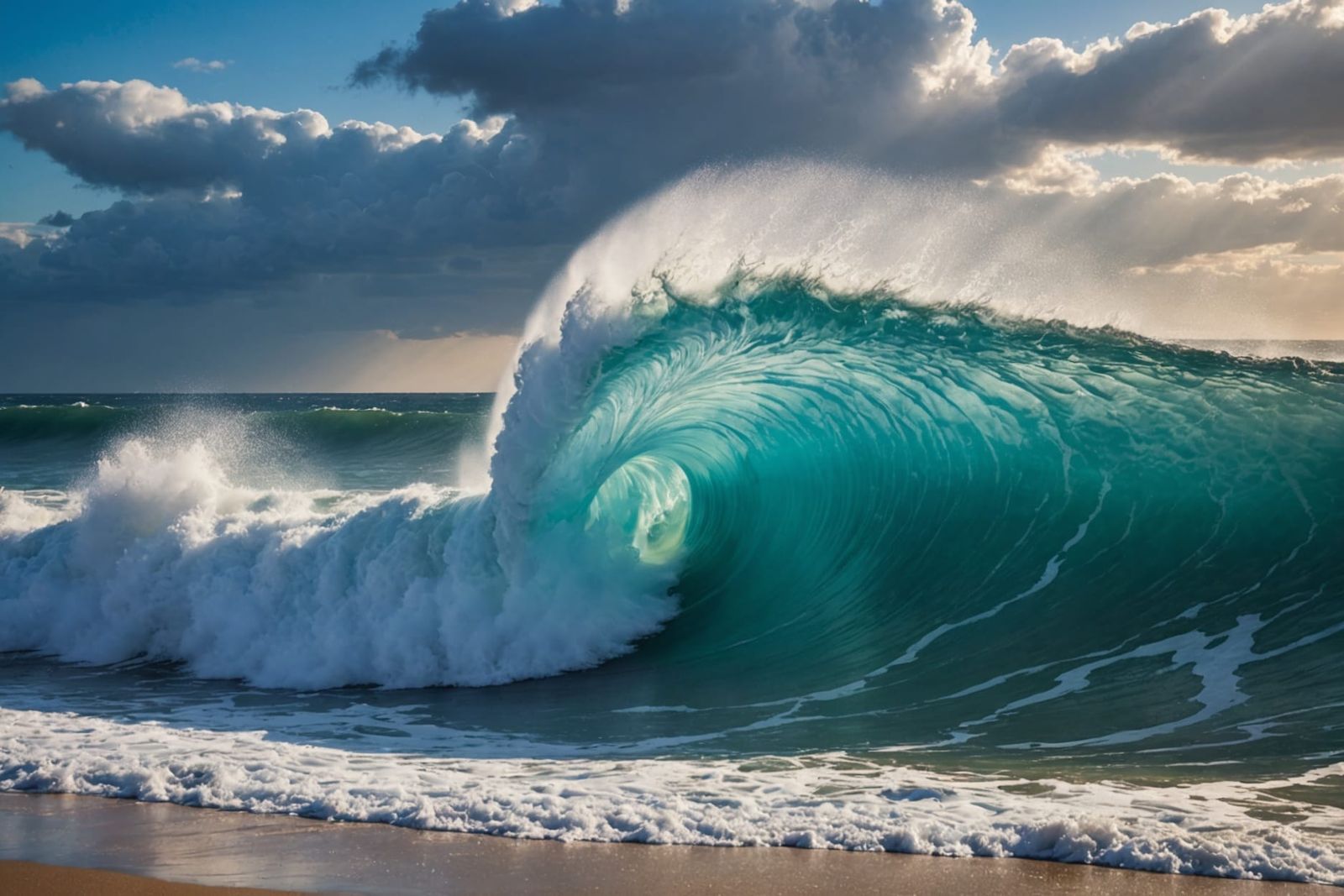 Tsunami Wave Crashes on Sunny Beach