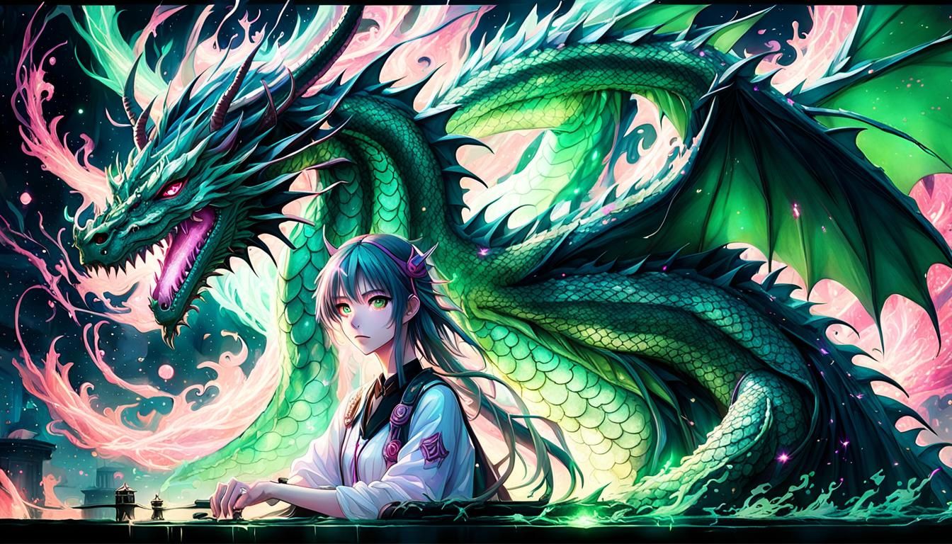Anime Girl with Dragon in Pastel Colors