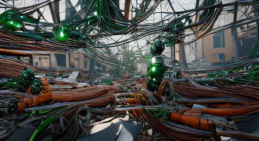 Chaotic Swirl of Rusted Wires and Green Chemicals