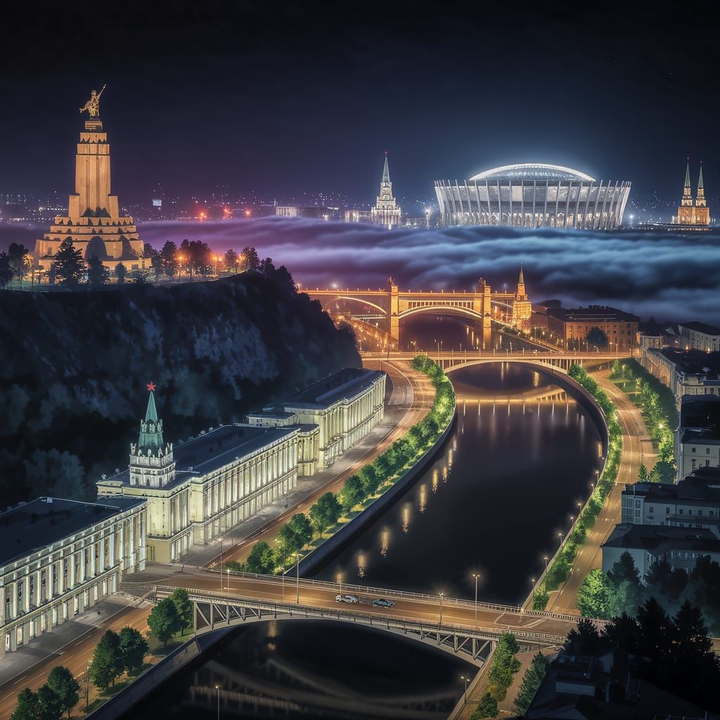 Ufa Nightscape: Salavat Yulaev Monument & City Lights