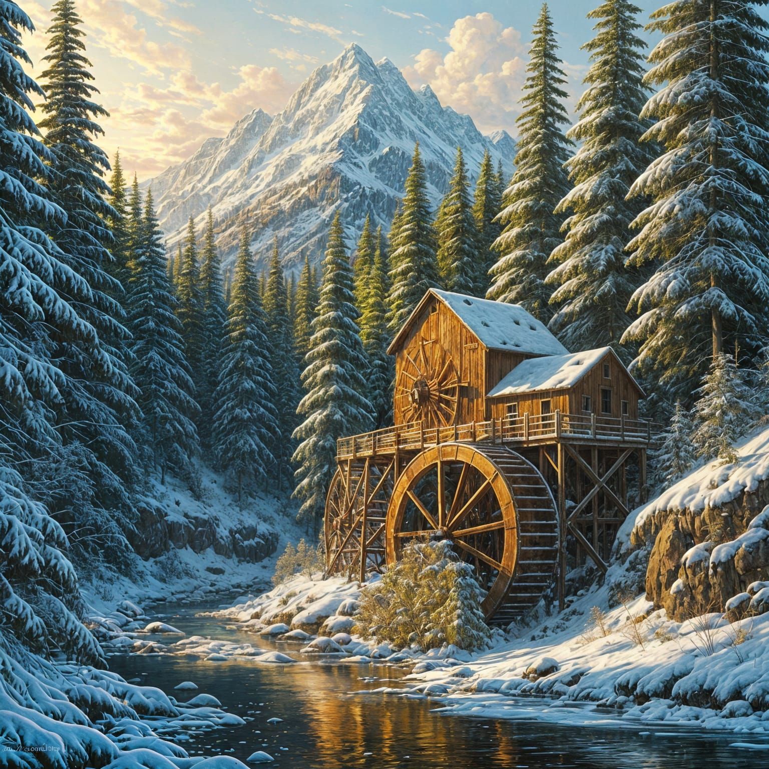 Winter Wonderland Goldmine Scene in Oil Painting Style