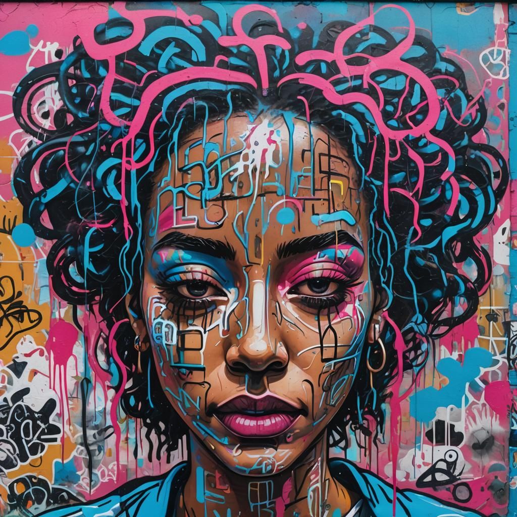 Vibrant Street Art: Woman's Face in Neon Graffiti