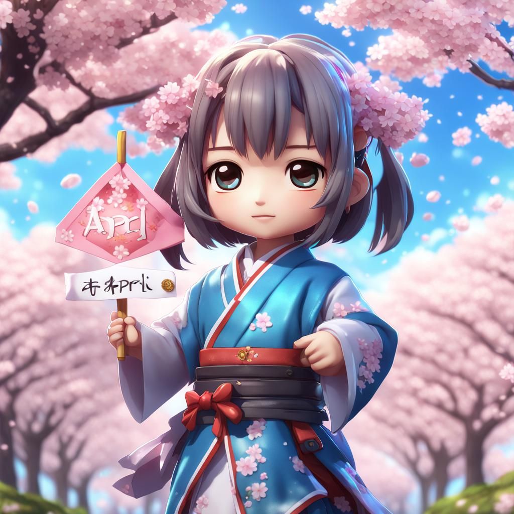 Adorable Chibi Character with April Banner in 3D Anime Art